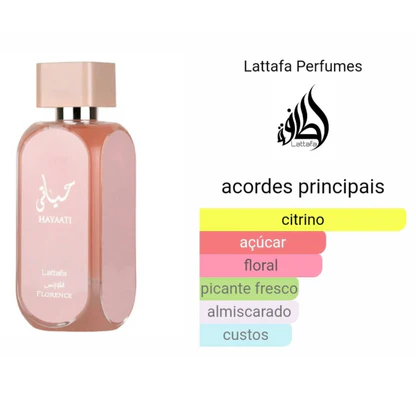 Frasco do perfume árabe feminino Lattafa Hayaati Florence 100ml