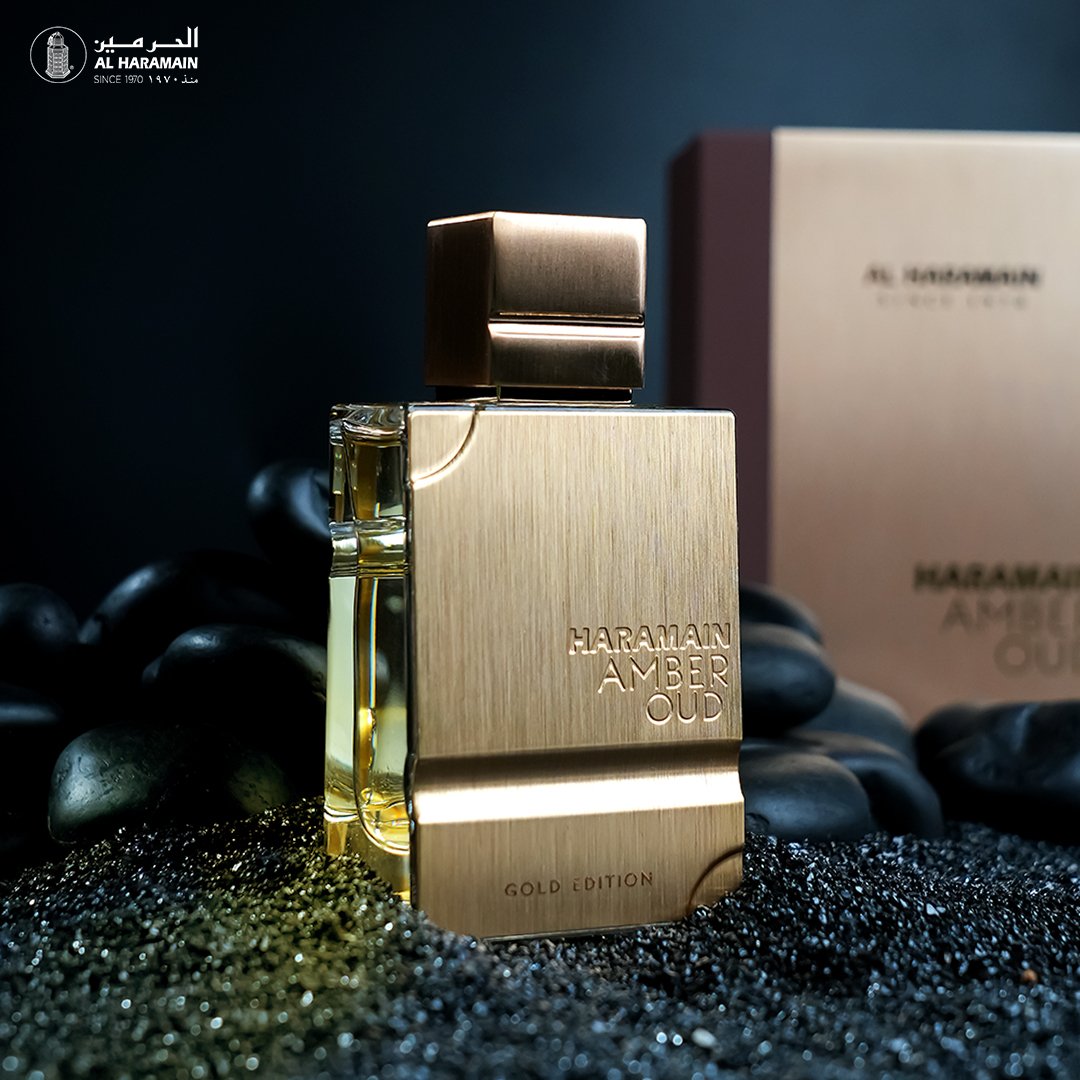 Frasco dourado do perfume árabe Haramain Amber Oud Gold Edition 100ml