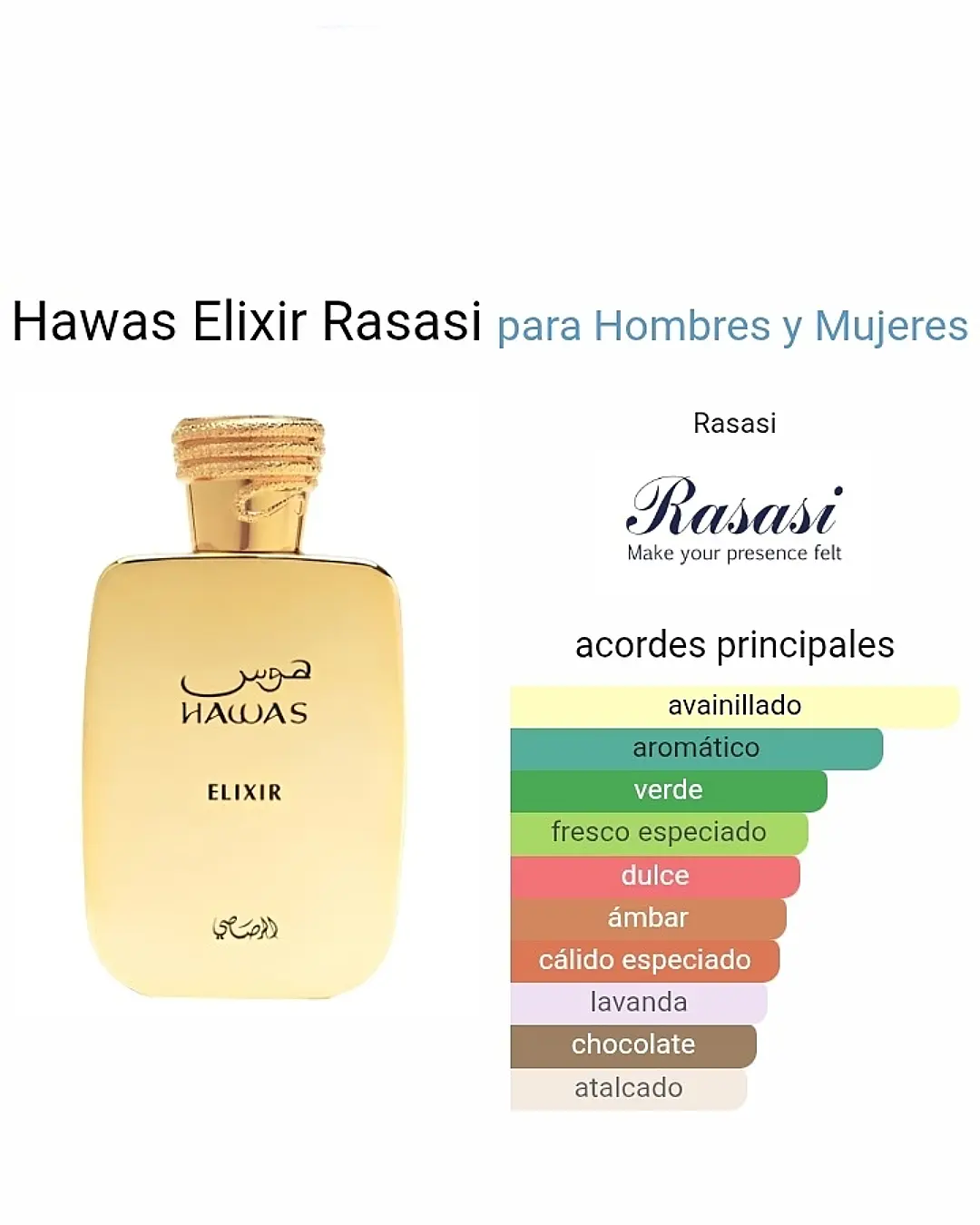 Frasco dourado do perfume árabe masculino Rasasi Hawas Elixir 100ml