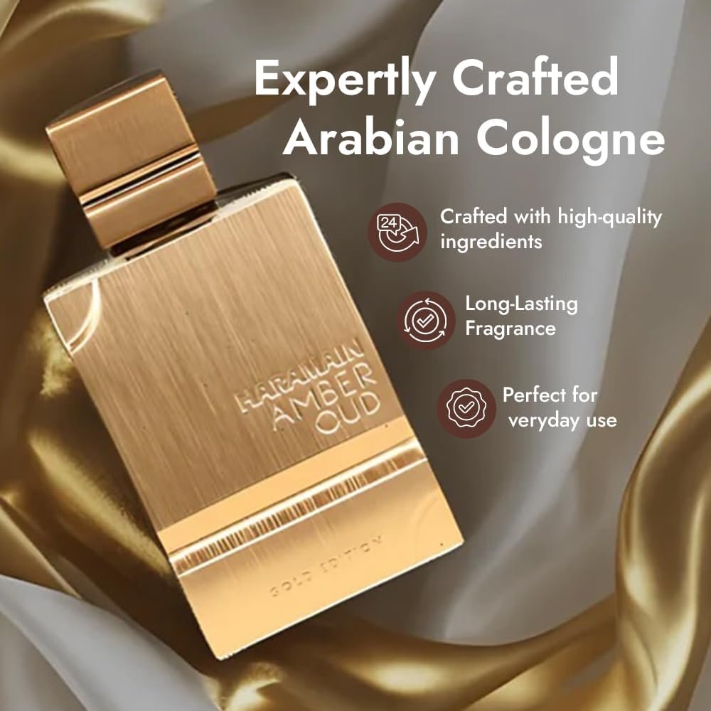 Frasco dourado do perfume árabe Haramain Amber Oud Gold Edition 100ml