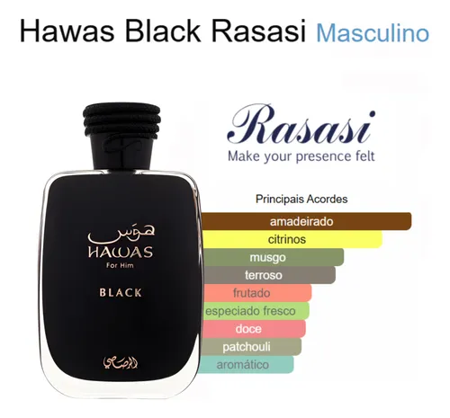Frasco preto do perfume árabe masculino Rasasi Hawas Black 100ml