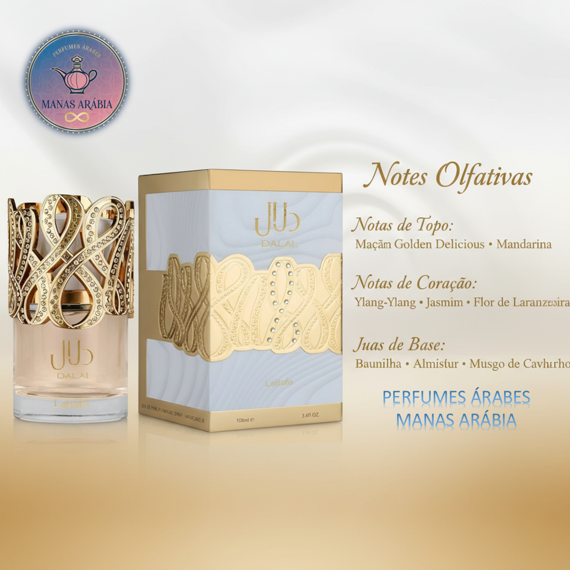 Frasco dourado luxuoso do perfume árabe feminino Lattafa Dalal 100ml