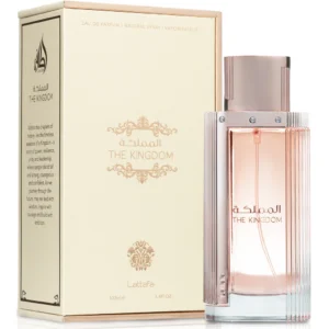 Frasco feminino rosa e dourado do perfume árabe Lattafa The Kingdom Woman 100ml