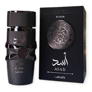 Frasco preto imponente do perfume árabe masculino Lattafa Asad Elixir 100ml