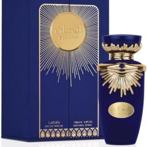 Frasco azul e dourado do perfume árabe feminino Lattafa Emaan 100ml