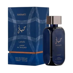 Frasco azul do perfume árabe Lattafa Hayaati Al Maleky 100ml