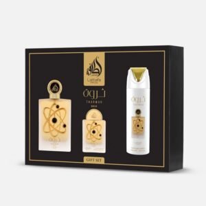 Lattafa Pride Tharwah Gold Coffret de luxo com frasco dourado e embalagem especial.