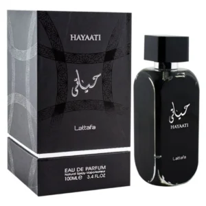 Frasco preto do perfume árabe masculino Lattafa Hayaati 100ml