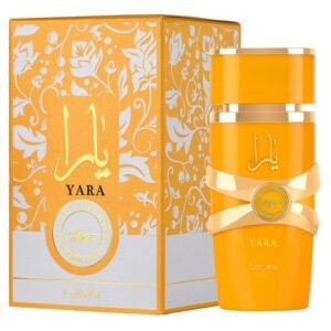 Frasco amarelo vibrante do perfume árabe feminino tropical Lattafa Yara Tous 100ml