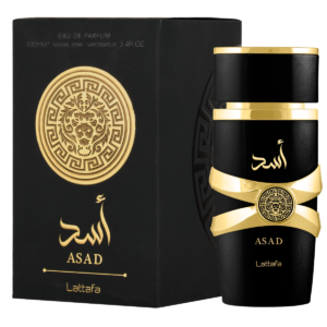 Frasco preto e dourado do perfume árabe masculino Lattafa Asad 100ml