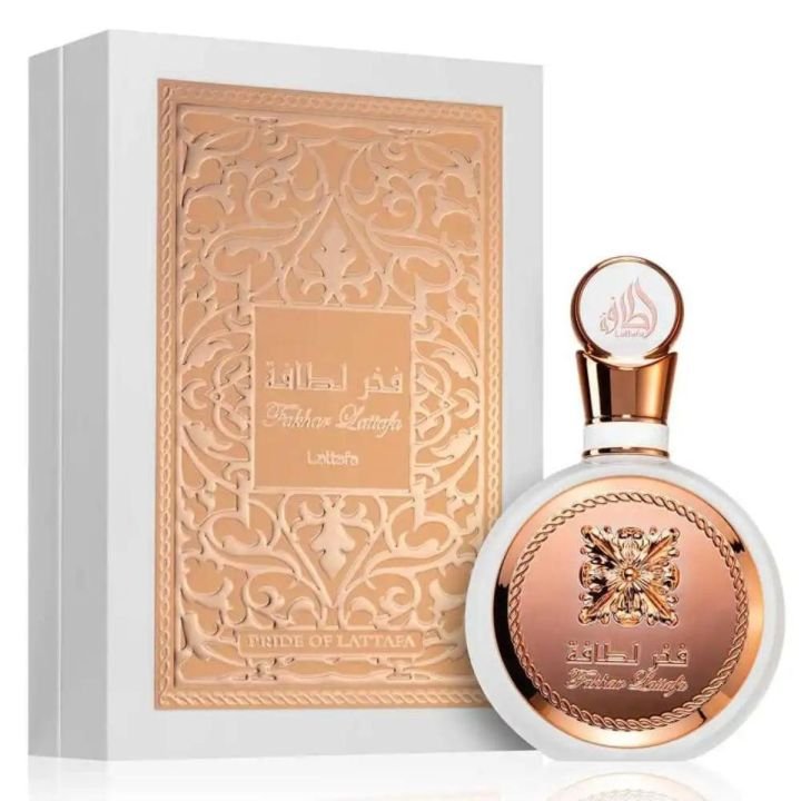 Frasco branco e rose gold do perfume árabe feminino Lattafa Fakhar Rose 100ml