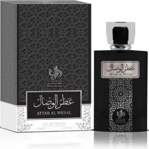 Frasco preto e prateado do perfume árabe masculino Al Wataniah Attar Al Wesal 100ml