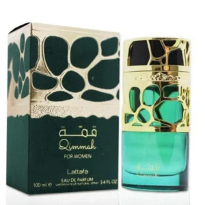 Frasco verde e dourado estilo joia do perfume árabe feminino Lattafa Qimmah 100ml