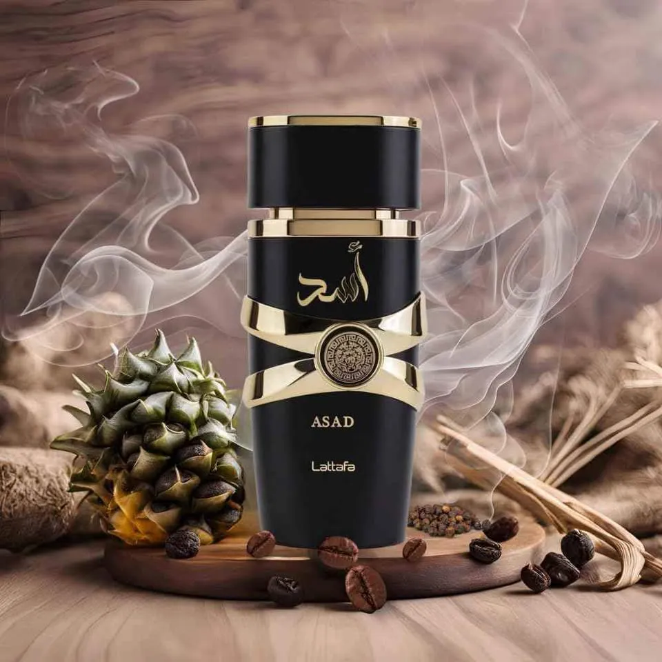 Frasco preto e dourado do perfume árabe masculino Lattafa Asad 100ml