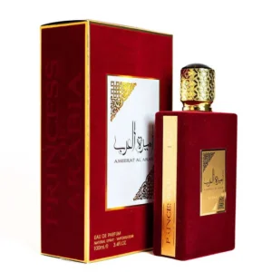Frasco e caixa de veludo vermelho do perfume árabe feminino Lattafa Asdaaf Ameerat Al Arab 100ml