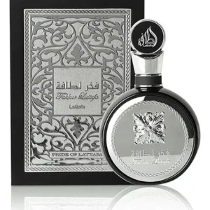 Frasco preto e prata luxuoso do perfume masculino Lattafa Fakhar Black Pride 100ml