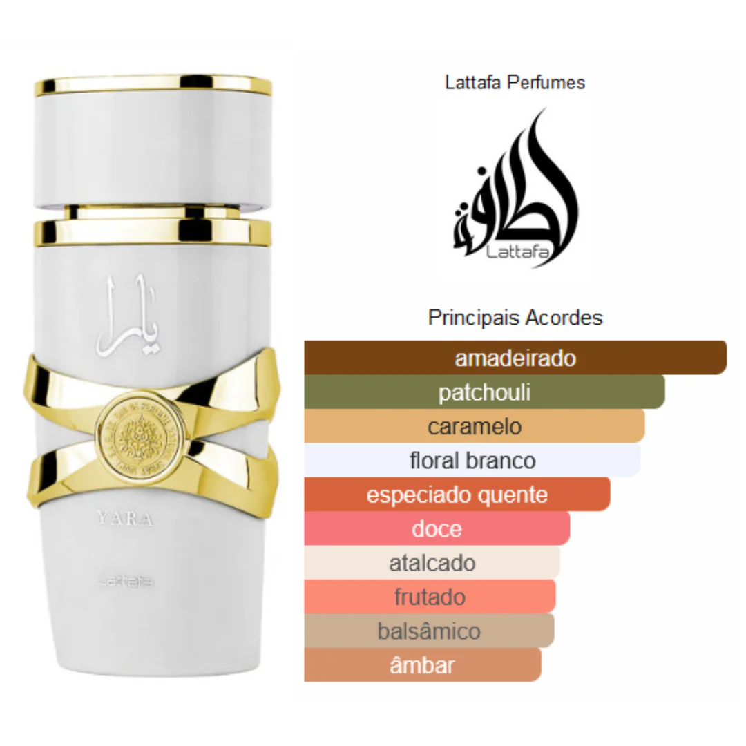 Frasco branco luxuoso do perfume feminino Lattafa Yara Moi 100ml com notas de caramelo