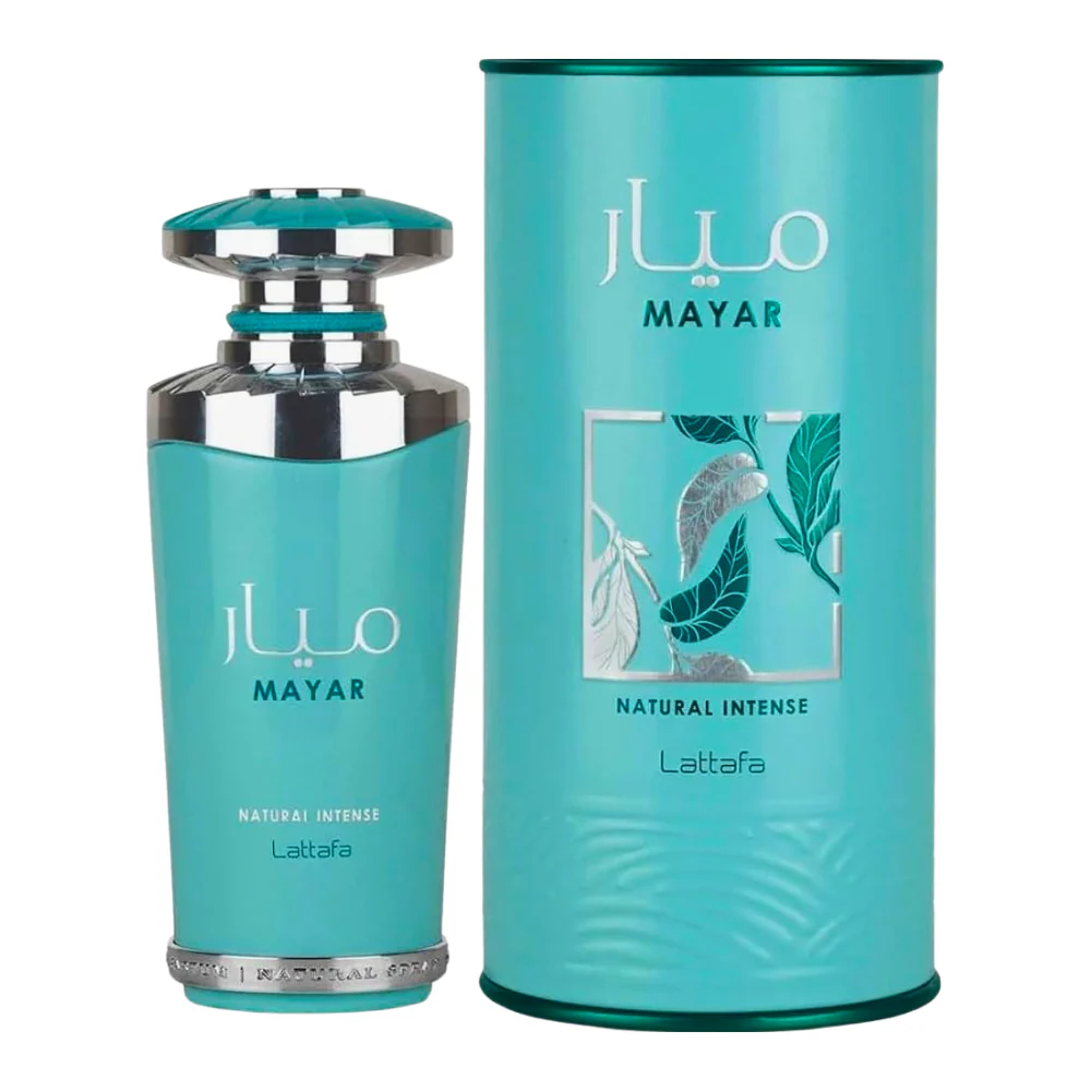 Frasco azul turquesa luxuoso do perfume feminino Lattafa Mayar Natural Intense 100ml