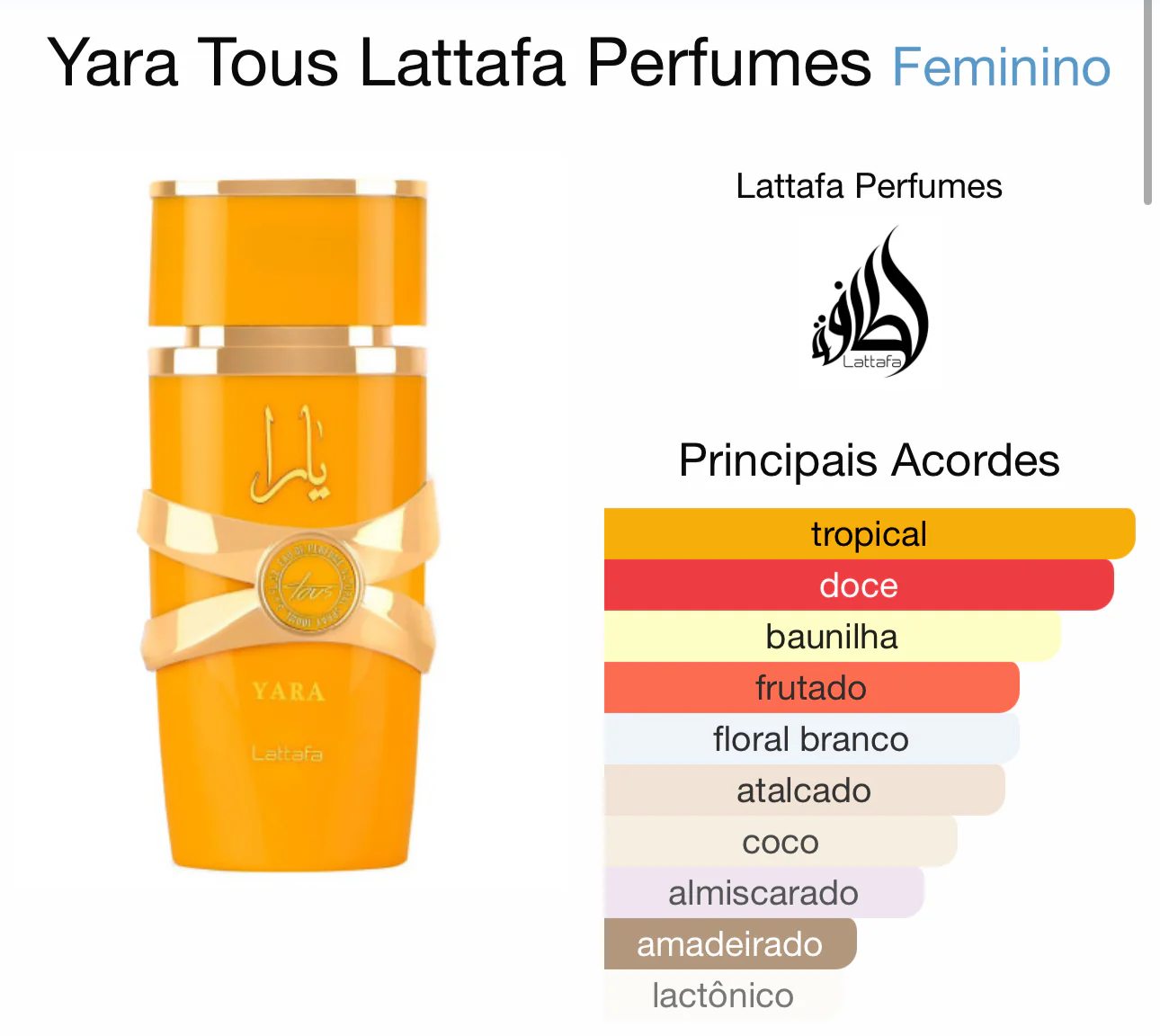 Óleo concentrado tropical sem álcool Lattafa Yara Tous Perfume Oil 20ml manga e coco