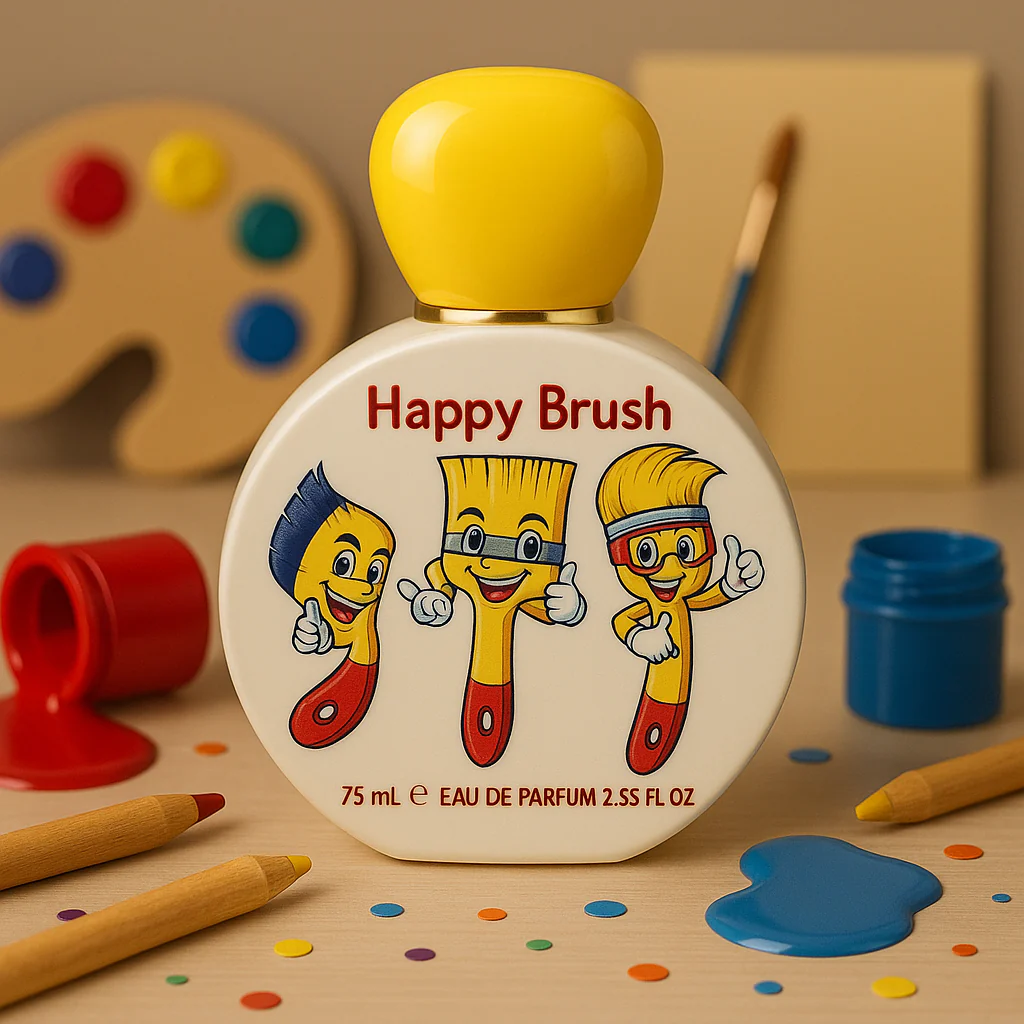 Perfume infantil Lattafa Kids Happy Brush 100ml frasco colorido com boneco