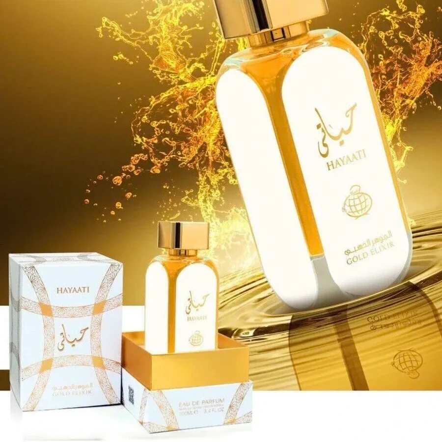 Frasco dourado luxuoso do perfume oriental Lattafa Hayaati Gold Elixir 100ml