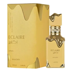 Frasco luxuoso do perfume gourmand árabe Lattafa Eclaire Banoffi 100ml