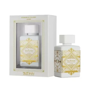 Frasco branco e dourado luxuoso do perfume árabe unissexo Lattafa Badee Al Oud Honor & Glory 100ml