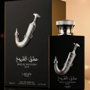 Frasco prateado e luxuoso do perfume árabe Lattafa Pride Ishq Al Shuyukh Silver 100ml