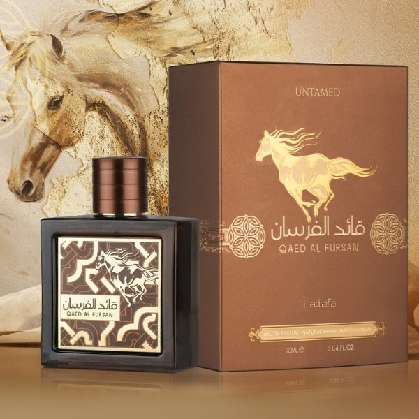 Frasco elegante do perfume árabe Lattafa Qaed Al Fursan Untamed 90ml