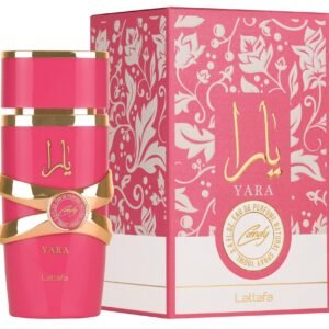 Frasco degradê rosa e amarelo do perfume feminino Lattafa Yara Candy 100ml frutado