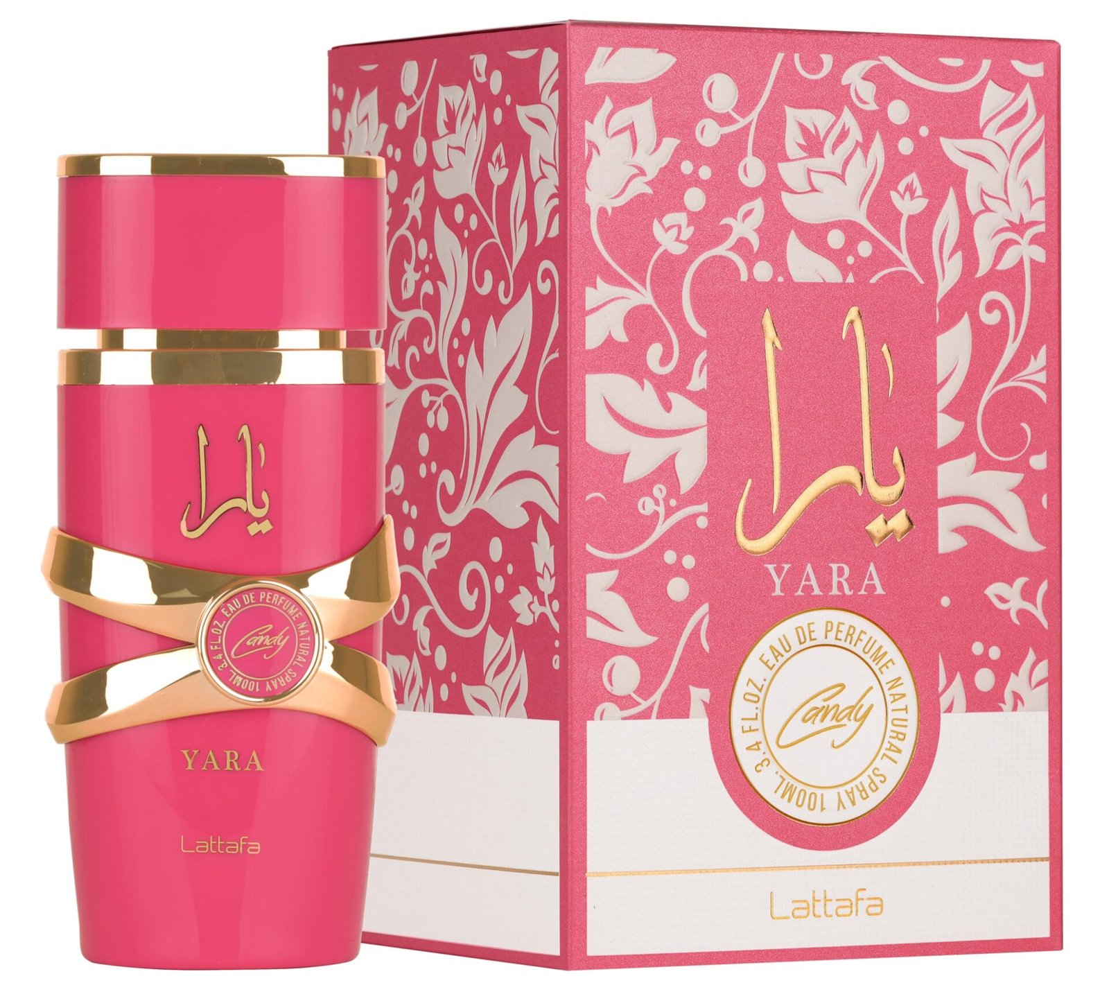 Frasco degradê rosa e amarelo do perfume feminino Lattafa Yara Candy 100ml frutado