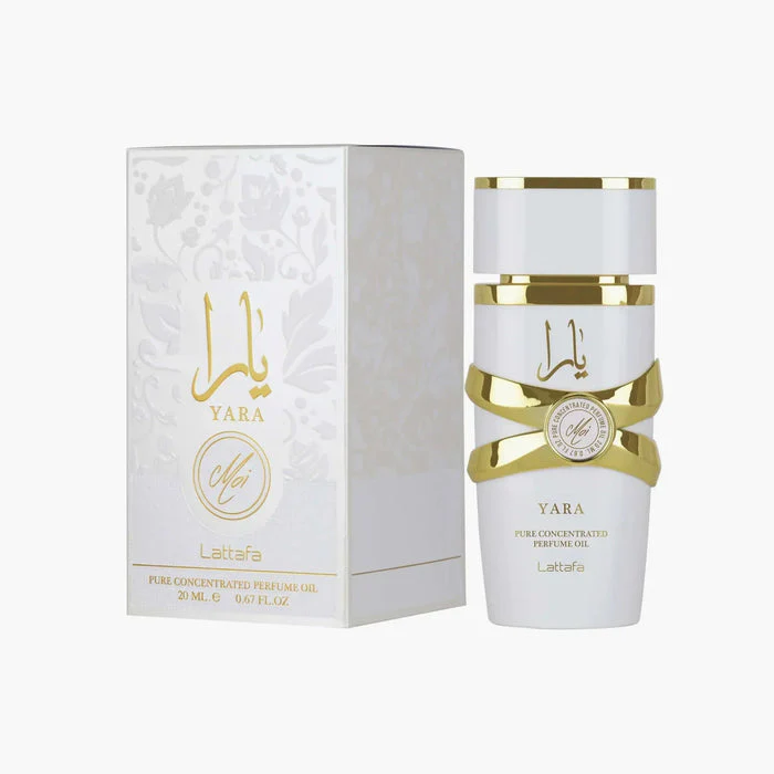 Óleo perfumado sem álcool Lattafa Yara Moi Perfume Oil 20ml branco e dourado
