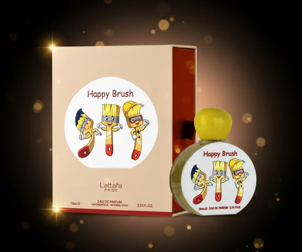Perfume infantil Lattafa Kids Happy Brush 100ml frasco colorido com boneco
