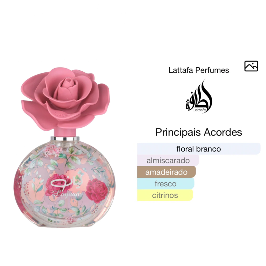 Frasco delicado e elegante do perfume floral feminino Lattafa Layaan