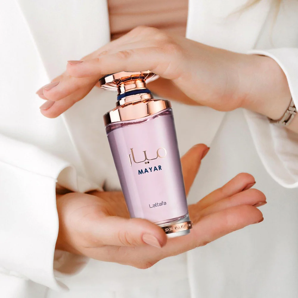 Frasco rosa metalizado luxuoso do perfume feminino árabe Lattafa Mayar 100ml