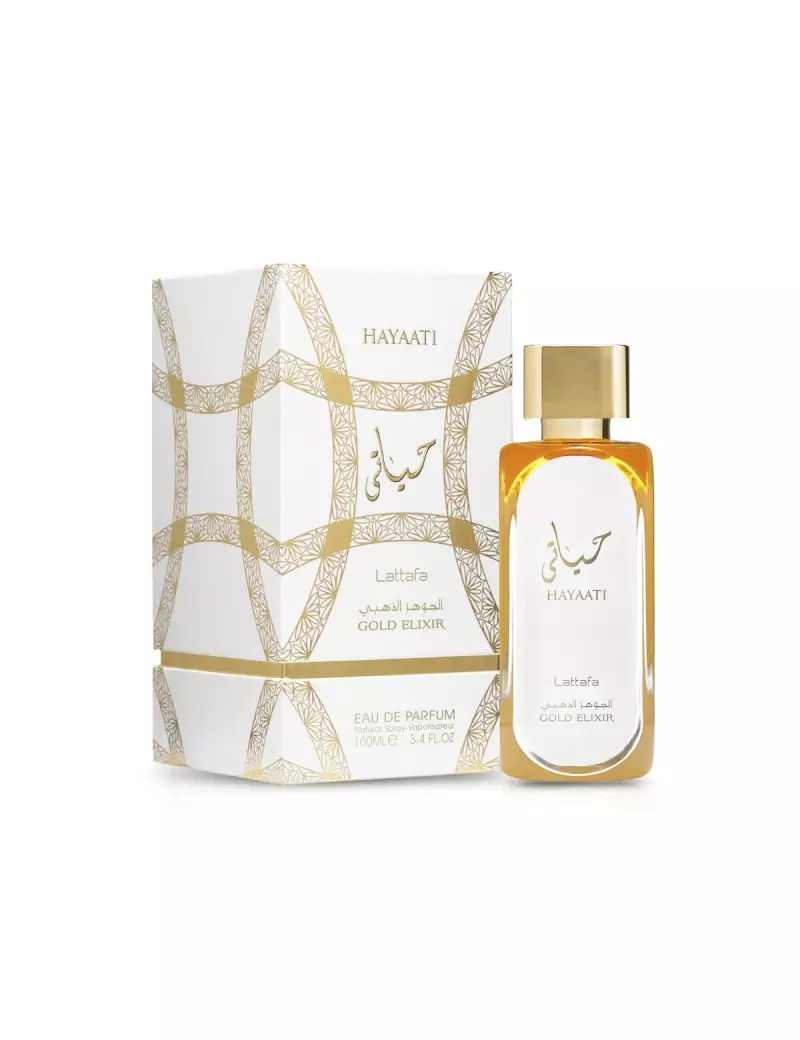 Frasco dourado luxuoso do perfume oriental Lattafa Hayaati Gold Elixir 100ml