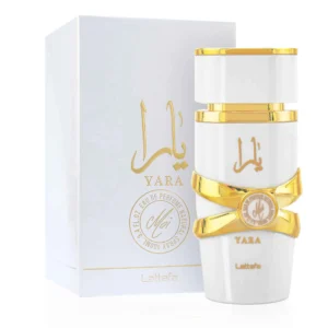 Frasco branco luxuoso do perfume feminino Lattafa Yara Moi 100ml com notas de caramelo