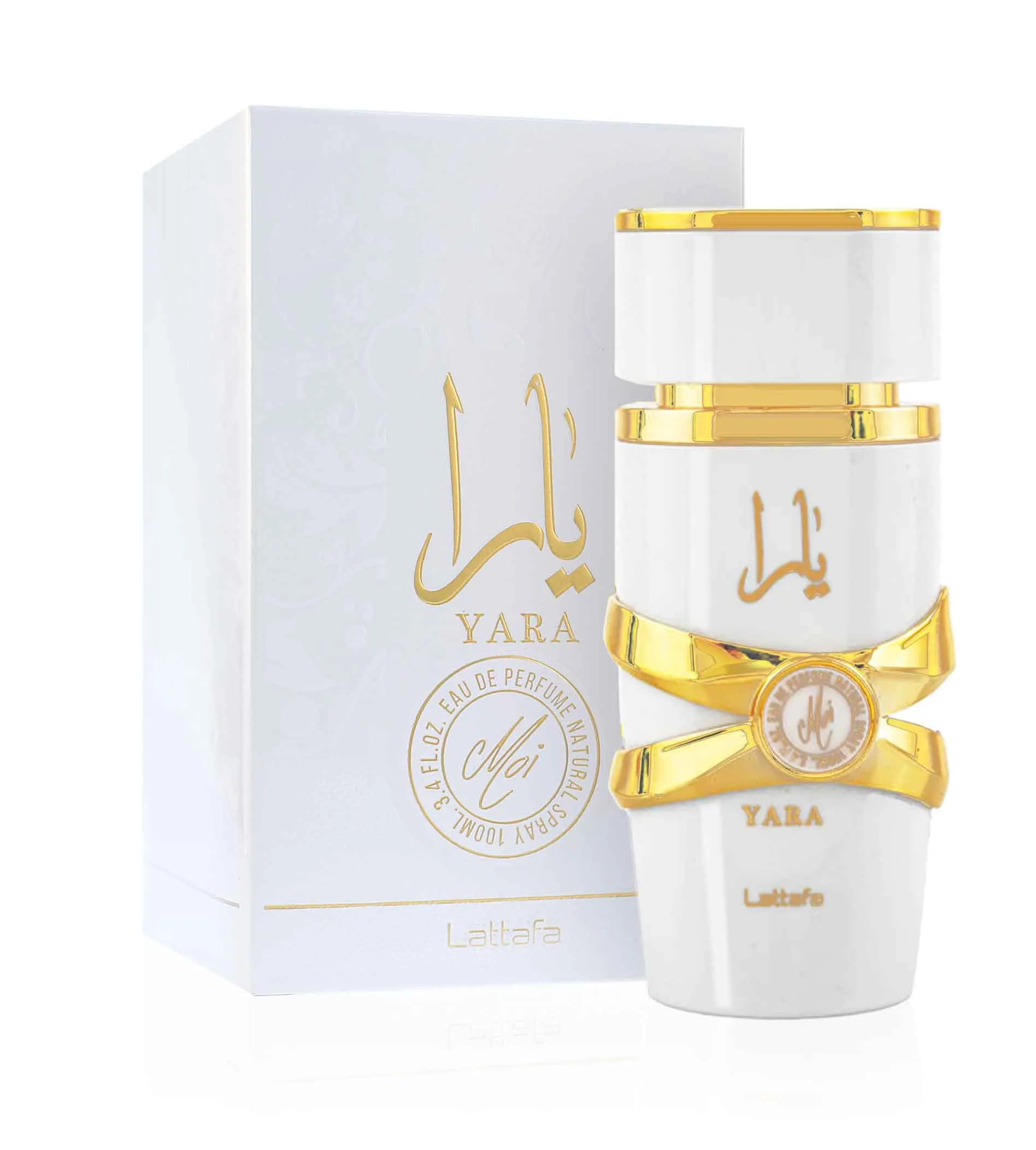 Frasco branco luxuoso do perfume feminino Lattafa Yara Moi 100ml com notas de caramelo