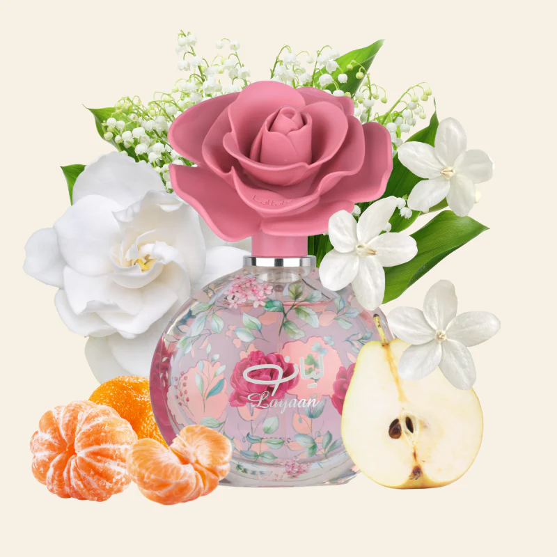 Frasco delicado e elegante do perfume floral feminino Lattafa Layaan