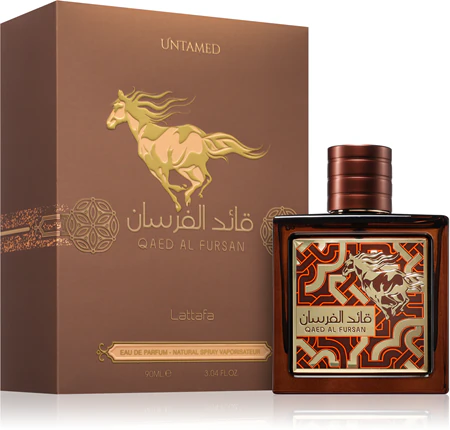 Frasco elegante do perfume árabe Lattafa Qaed Al Fursan Untamed 90ml