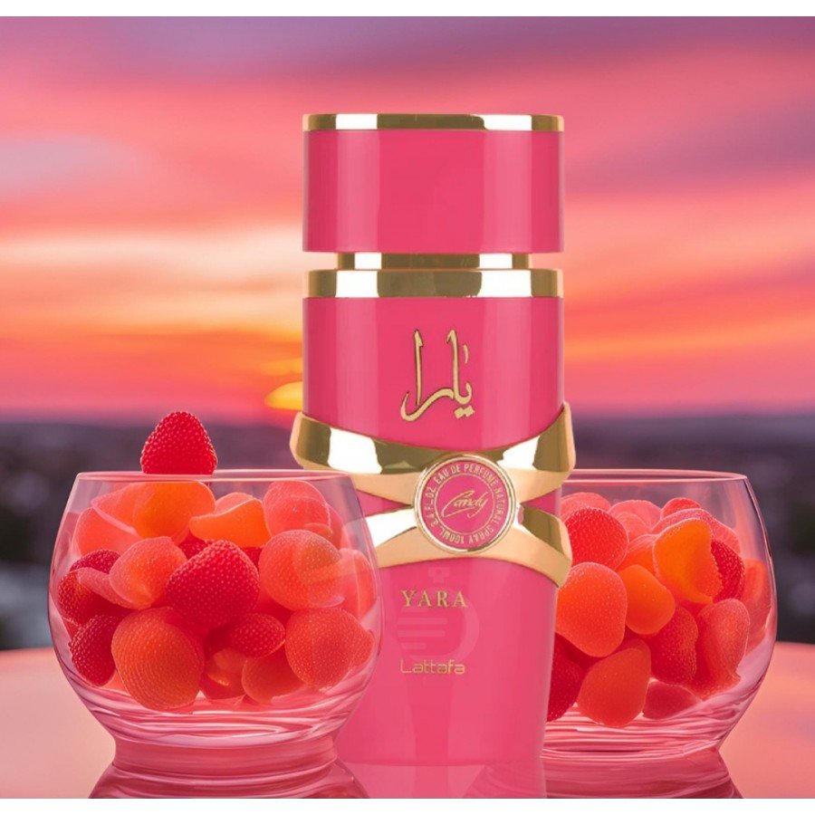 Frasco degradê rosa e amarelo do perfume feminino Lattafa Yara Candy 100ml frutado