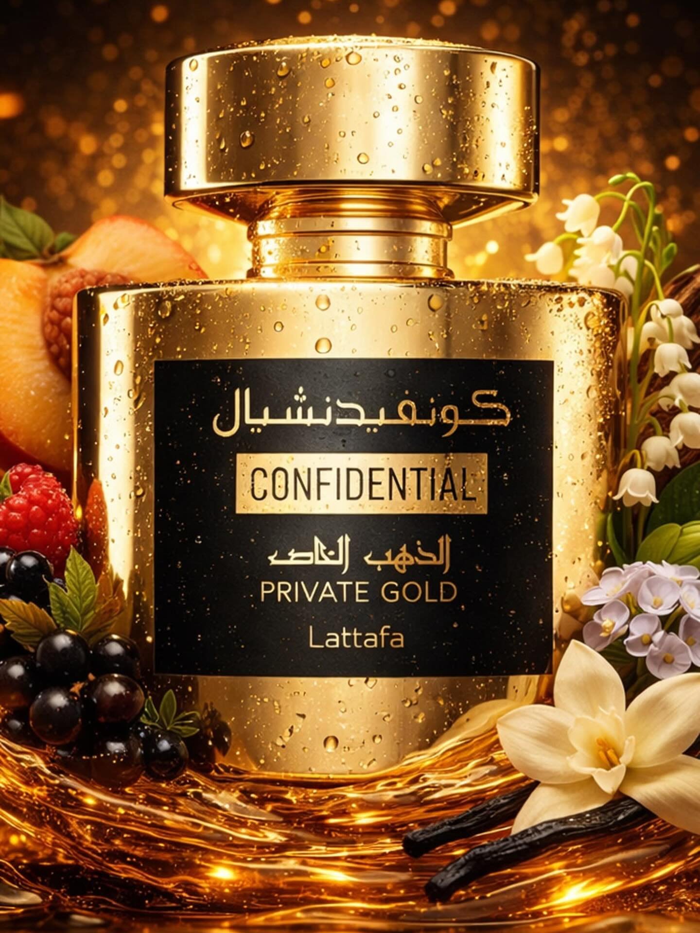 Perfume Lattafa Confidential Private Gold EDP 100ml inspirado no Tiziana Terenzi Kirkè