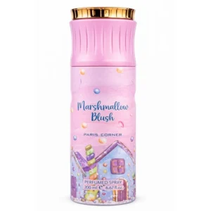 Frasco de 200ml do desodorizante em spray Paris Corner Marshmallow Blush.