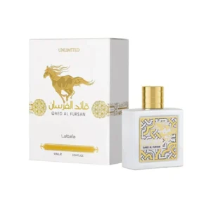 Frasco branco do perfume Qaed Al Fursan Unlimited da Lattafa 100ml com tampa dourada.