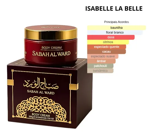 Hidratante Corporal Sabah Al Ward da Isabelle La Belle com design elegante, notas.