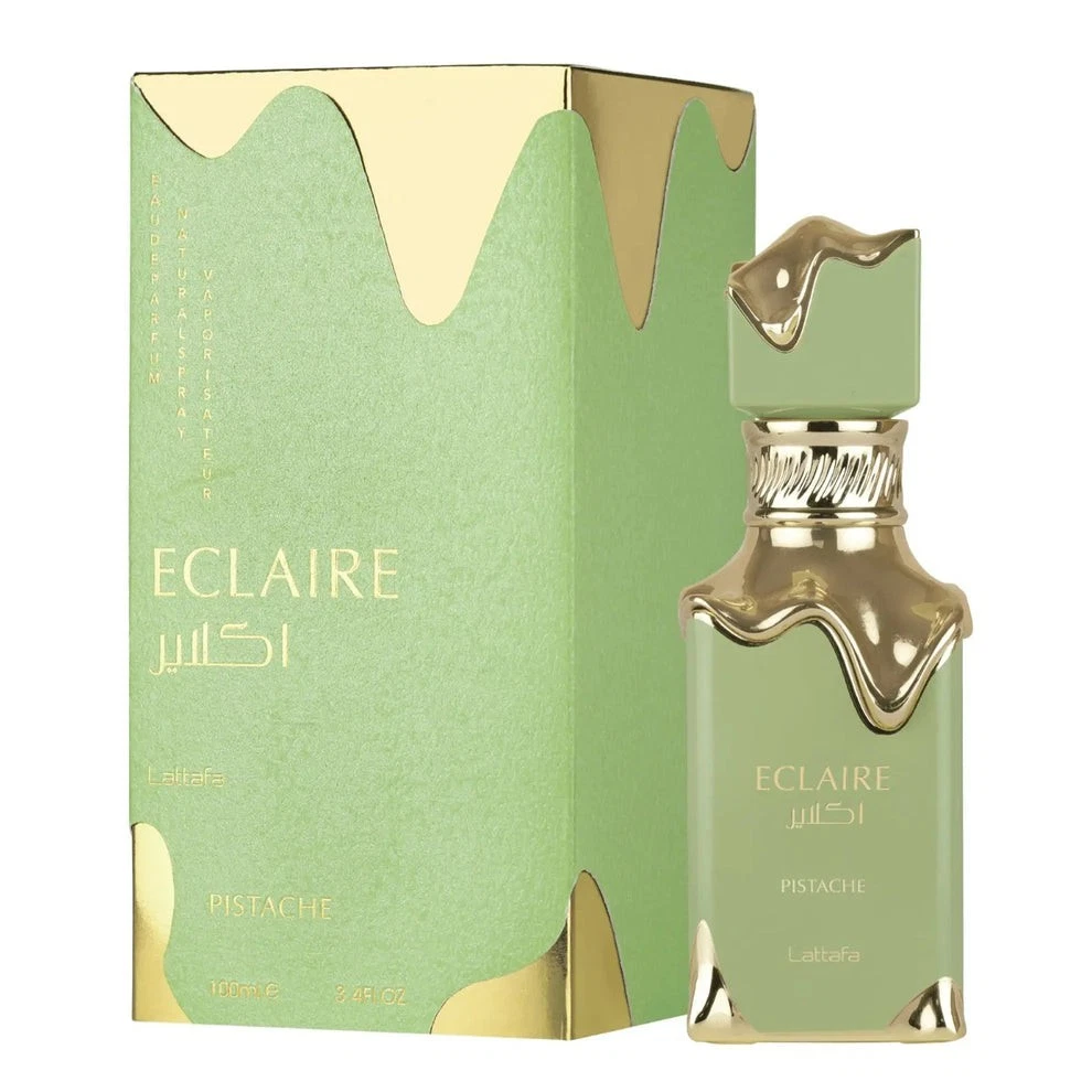Frasco elegante do perfume Lattafa Eclaire Pistache 100ml com tons esverdeados.