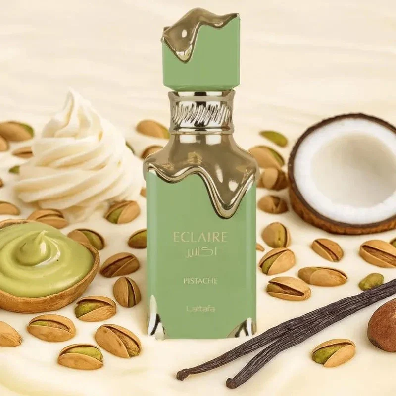 O perfume Lattafa Eclaire Pistache num cenário gourmet para ilustrar as suas notas de pistacho