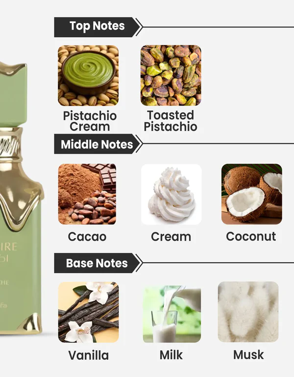 O perfume Lattafa Eclaire Pistache num cenário gourmet para ilustrar as suas notas de pistacho