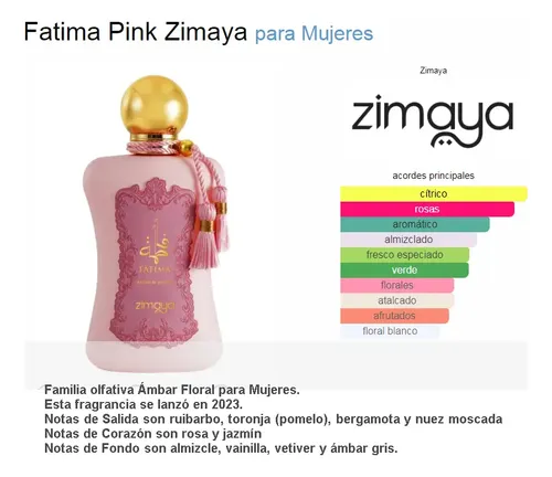 Pirâmide olfativa com notas de rosa turca, lichia e ruibarbo do Zimaya Fatima Pink