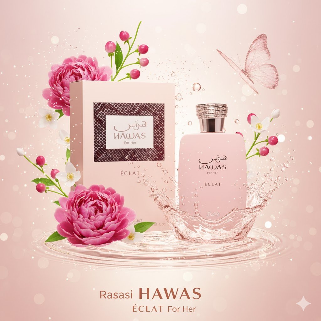 Perfume unissexo Rasasi Hawas Eclat EDP num ambiente premium e romântico